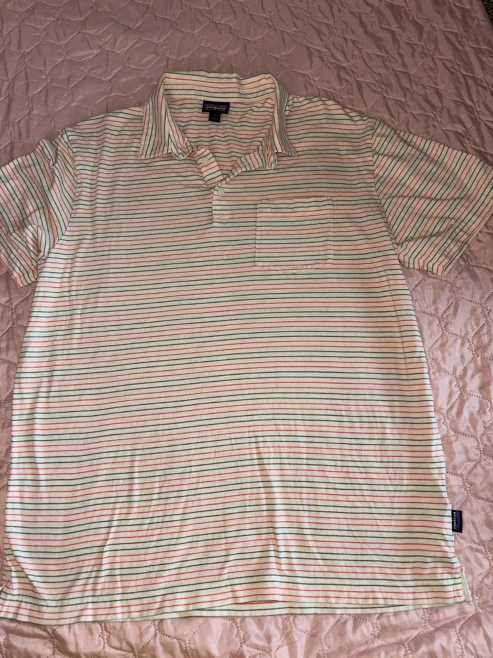 Patagonia Men's Short Sleeve Polo - Cream with Red & Green Stripes